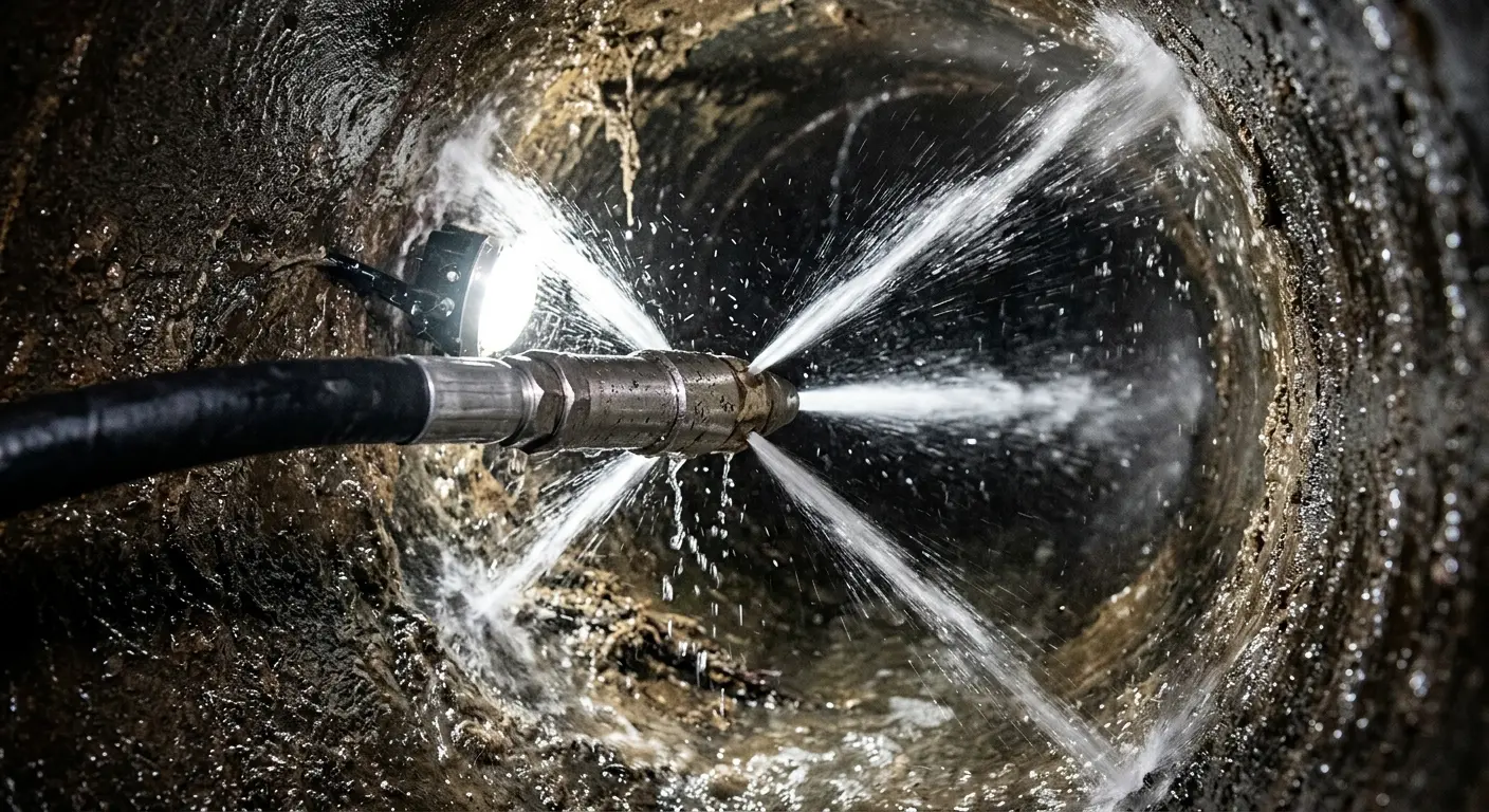 High-pressure hydro jetting nozzle cleaning sewer pipe for Trenchless Sewer Repair in Castle Rock