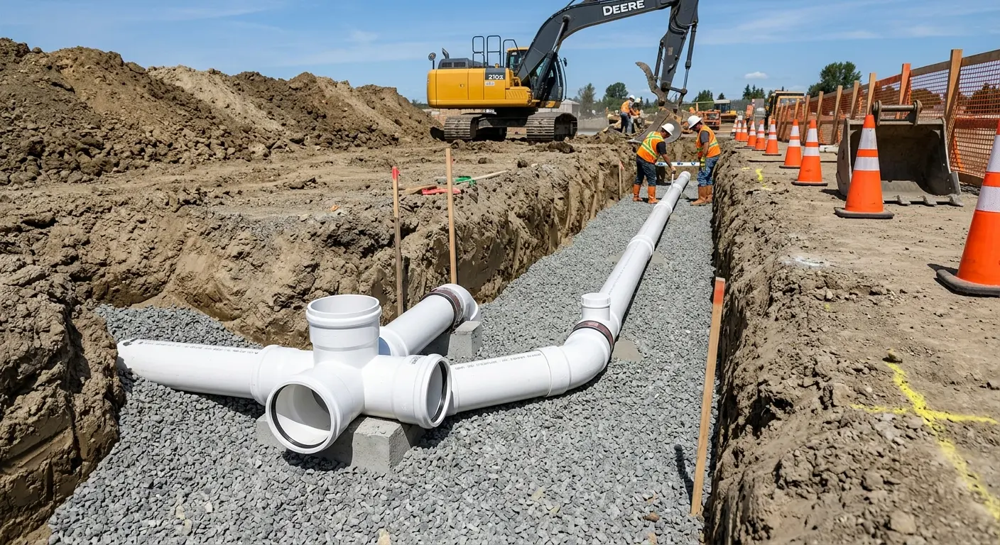 New PVC sewer pipe installation in open trench for Commercial Drain Cleaning in Castle Rock