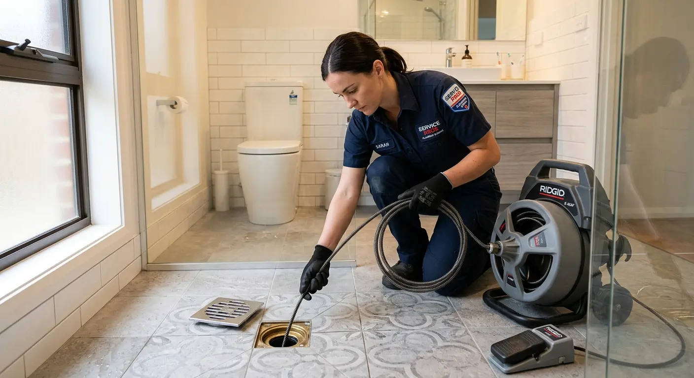 Technician clearing a bathroom floor drain for Sewer Line Replacement in Castle Rock